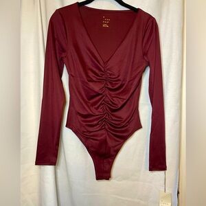 NWT a new day Maroon Red Long Sleeve Ruched Front V-Neck Bodysuit Size XS